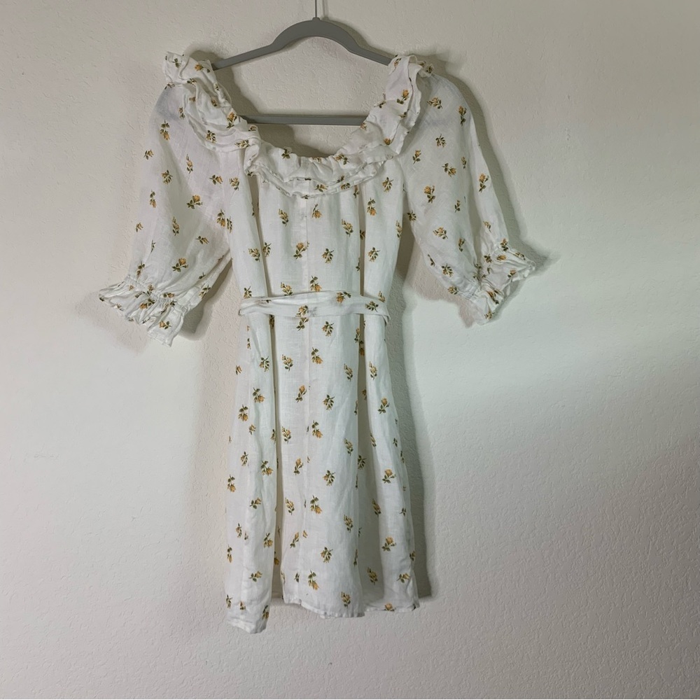 Reformation Womens Indio 100% linen belted off tie shoulder floral mini dress S - Picture 8 of 8